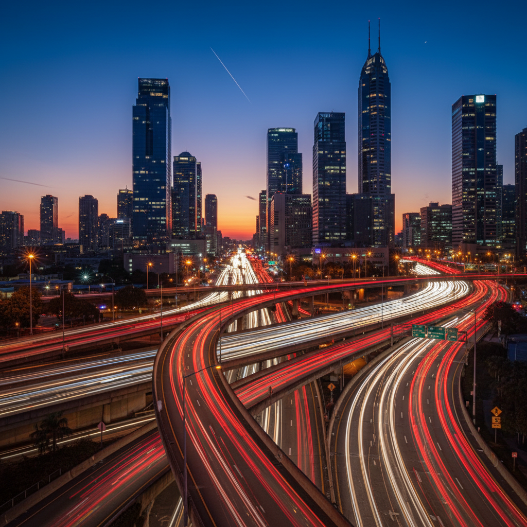 heavy traffic congestion in a modern city at twilight, tail lights glowing red, long exposure photography style showing frustration of delay