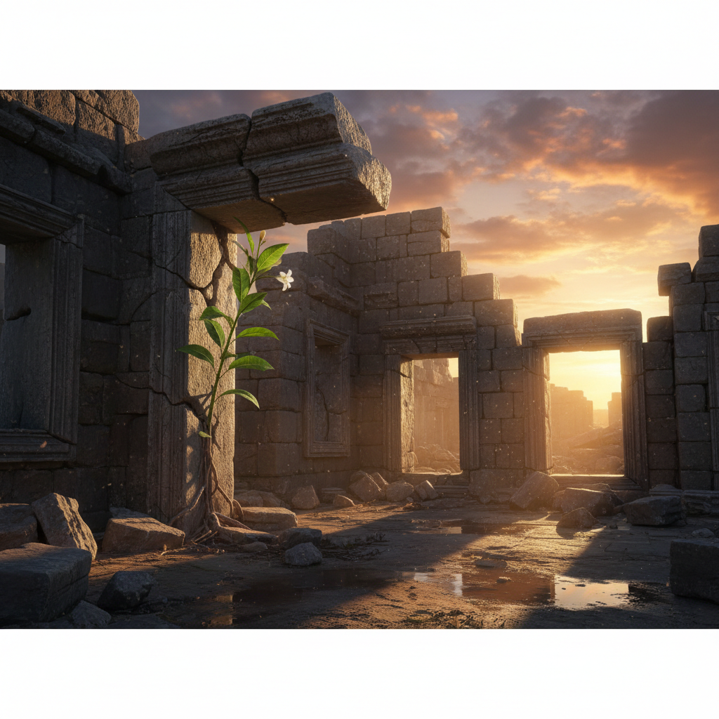 Ruins of a stone building with a small green plant growing from the cracks, symbolizing hope after destruction, cinematic lighting