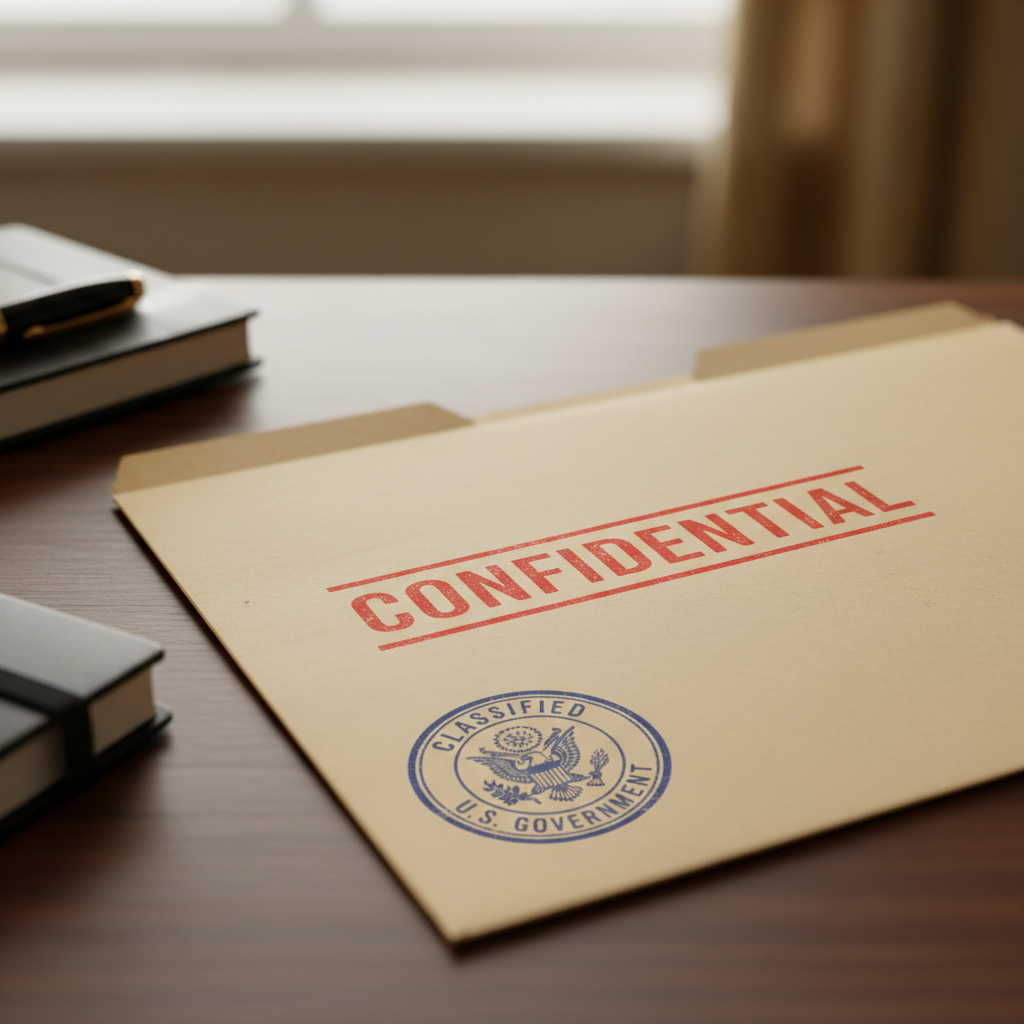A macro shot of a classified document folder stamped with CONFIDENTIAL on a desk