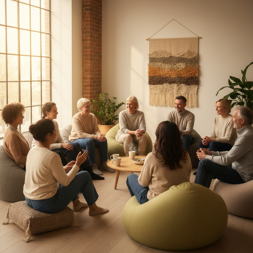 diverse group of adults sitting in a circle in a bright modern room, psychological support group, warm lighting, friendly atmosphere, photorealistic