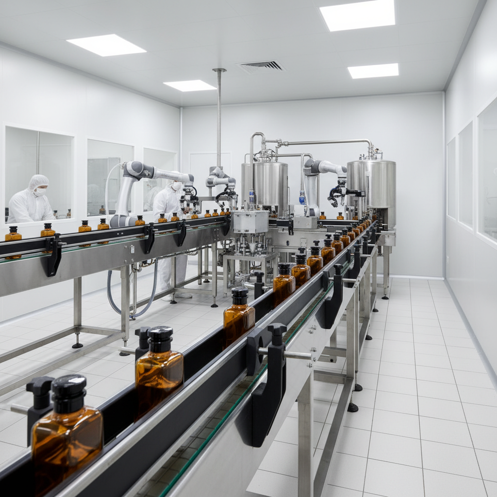 Modern sterile perfume manufacturing bottling line, amber glass bottles on conveyor belt, clean white lab environment