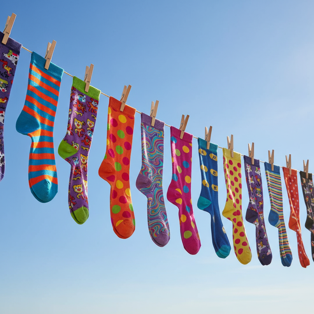 Vibrant, high-fashion photography of colorful mismatched socks hanging on a clothesline against a bright blue sky, sunny day, sharp focus