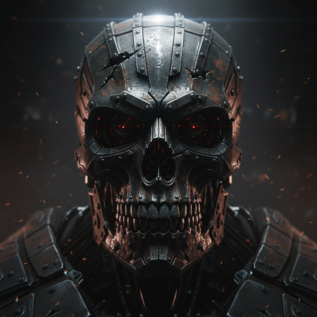Close up of a mechanical metal skull, surface covered in cracks resembling tank armor plate details, metallic texture, dark steel and rust, dramatic lighting, 3d render style.