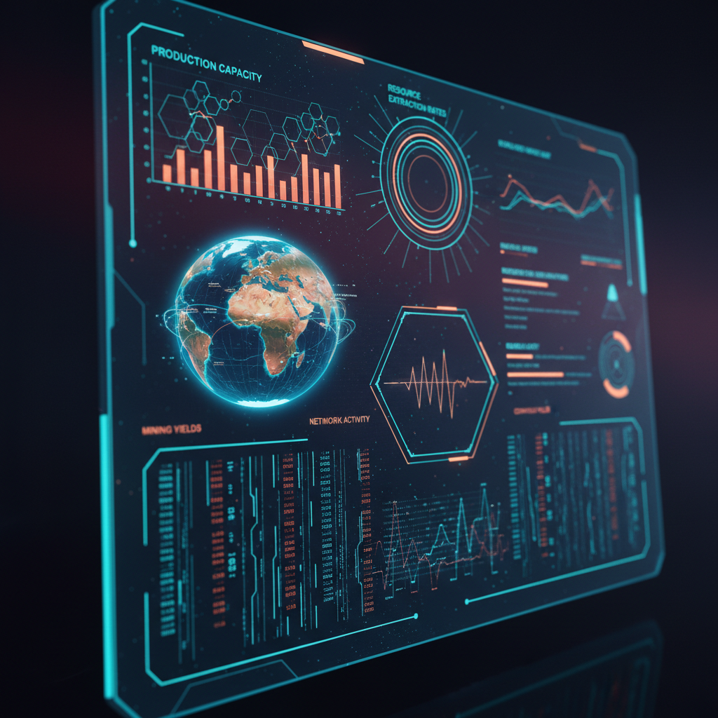 Futuristic digital dashboard interface displaying industrial charts, mining data, and global maps, dark blue and orange neon colors.