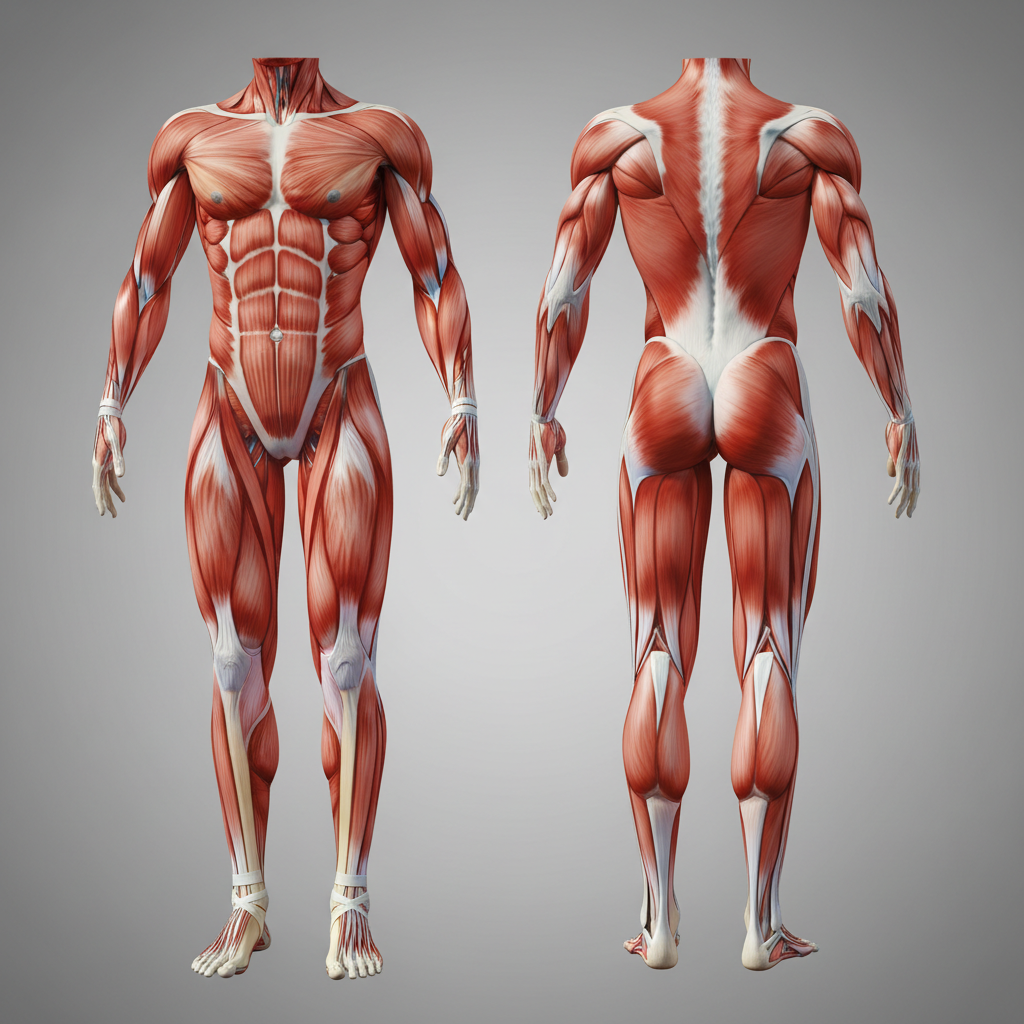 Medical illustration of the complete human lower limb muscular system, anterior and posterior views, isolated against a studio lighting background, high detail anatomical accuracy, 3d render style
