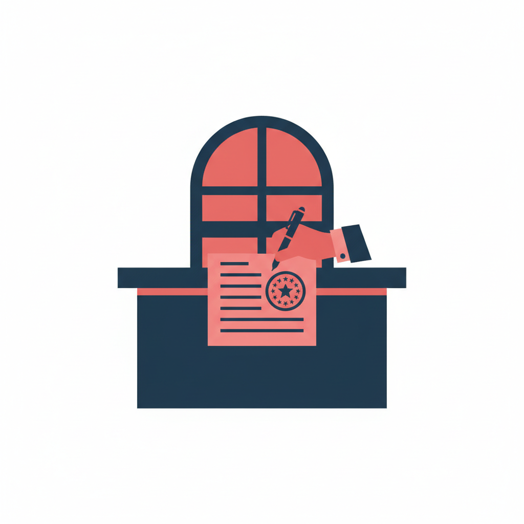 Minimalist vector illustration of a presidential desk or signing a document, flat style, red and dark blue colors