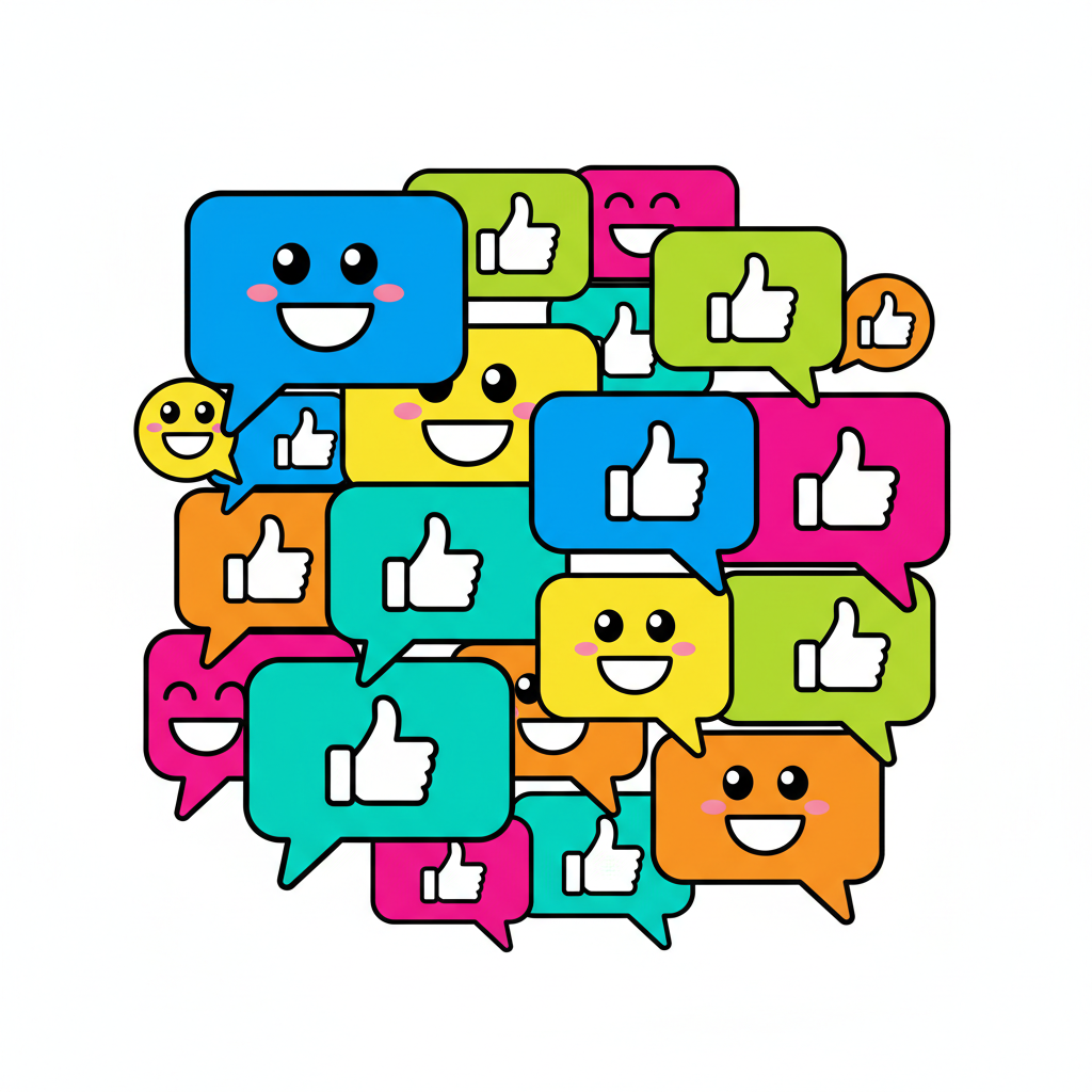 Illustration of speech bubbles with happy faces and thumbs up icons, vibrant colors