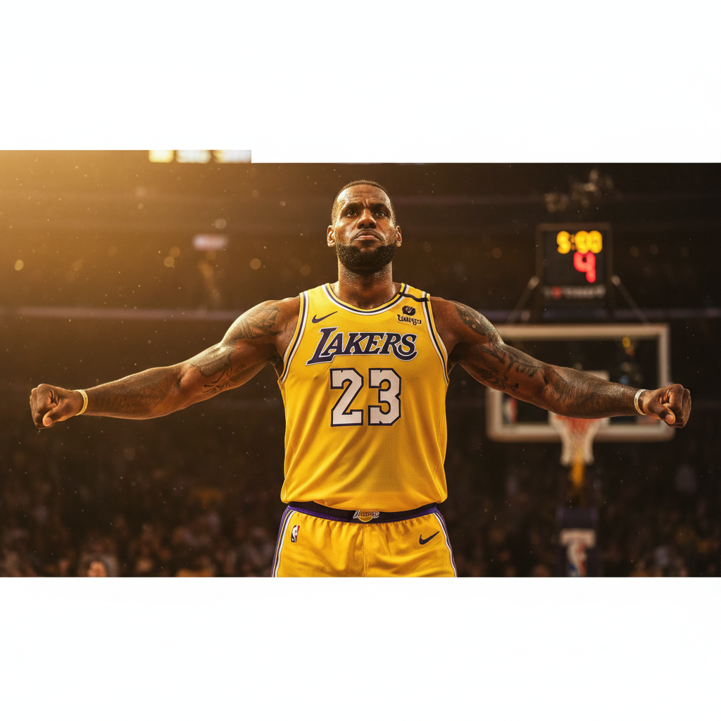 Portrait of LeBron James in a yellow Lakers jersey, golden lighting, heroic pose, ultra-realistic