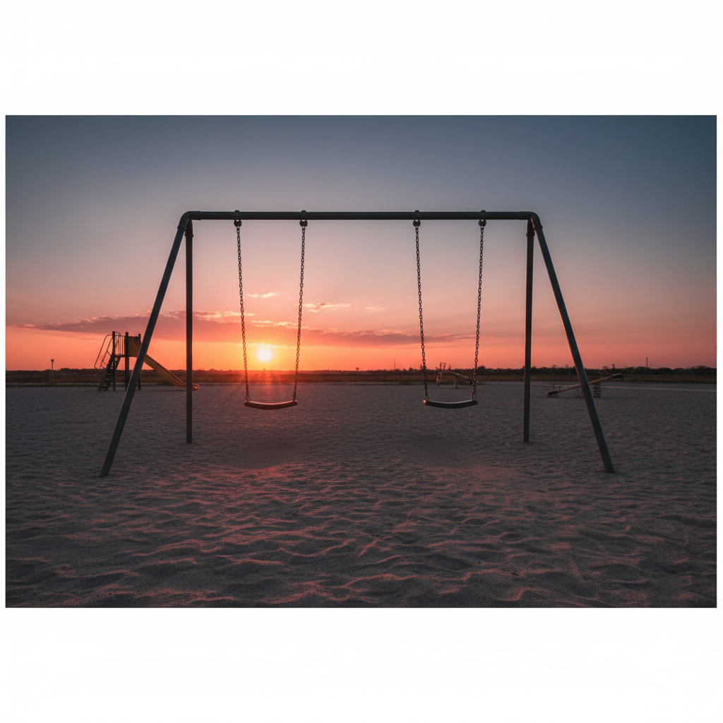 A minimalist, artistic photography of an empty swing set in a playground at sunset with long shadows, creating a pensive, nostalgic atmosphere, high quality