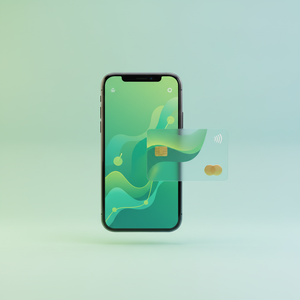 Modern smartphone displaying a green banking app interface with a credit card floating next to it, minimalist 3d render