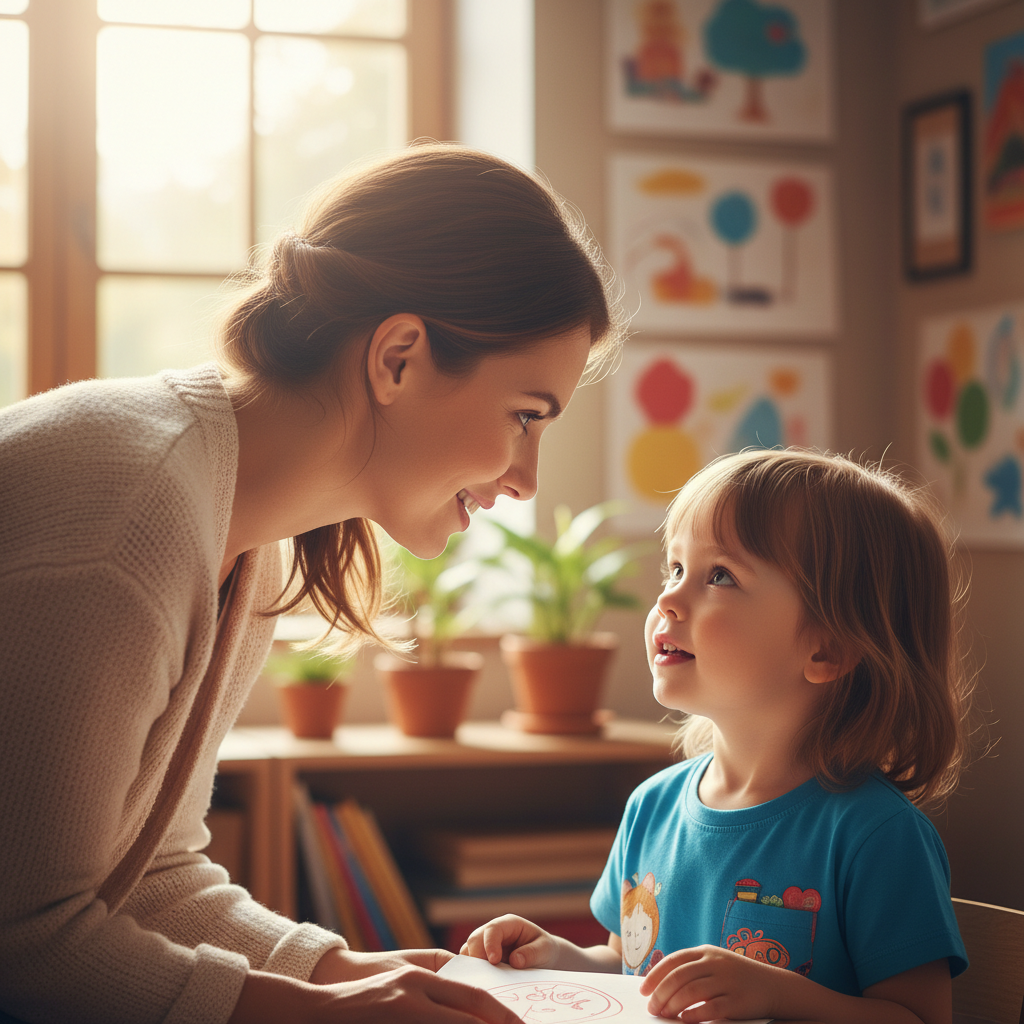 Close up of a kind teacher listening attentively to a small child at eye level, soft natural light, warm atmosphere, photorealistic
