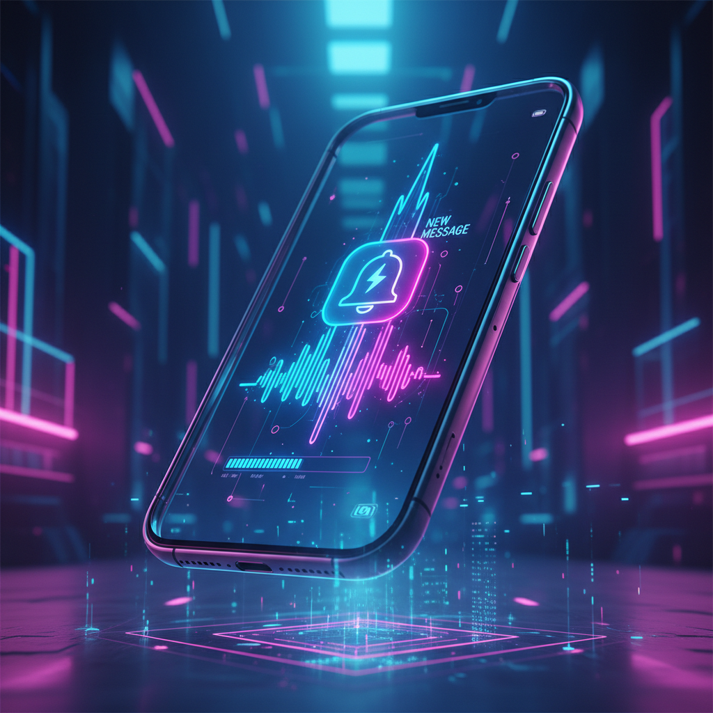 futuristic mobile phone displaying a sound wave turning into a push notification, blue and violet neon lighting, high tech style