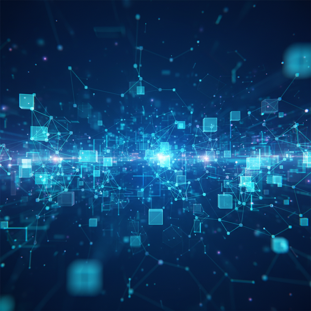 Modern digital futuristic background with geometric nodes connecting, blue and teal color palette, abstract technology concept