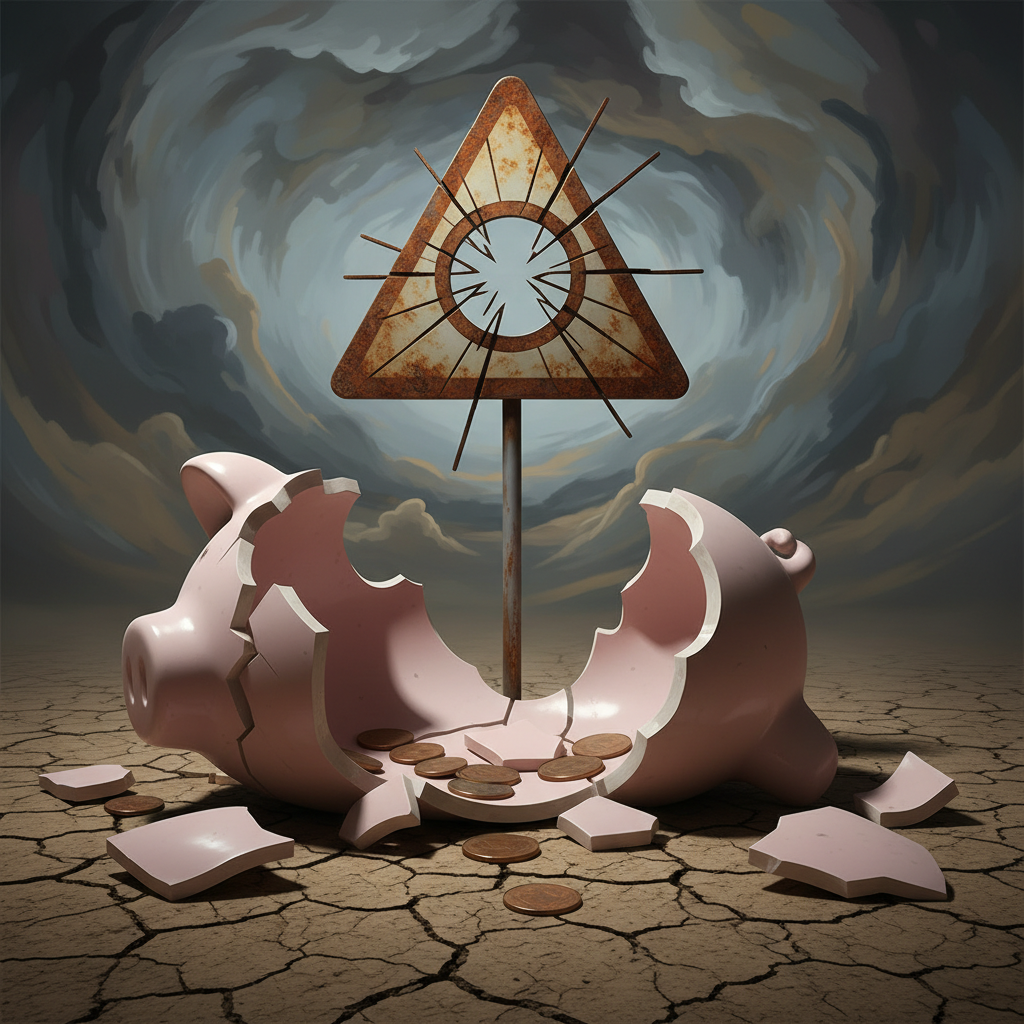 Conceptual art of a broken piggy bank with a warning sign, symbolizing loss of savings and caution