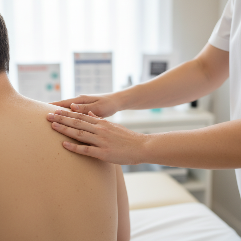 Physiotherapist hands performing gentle mobilization on a patient shoulder, close up, professional medical setting, soft lighting
