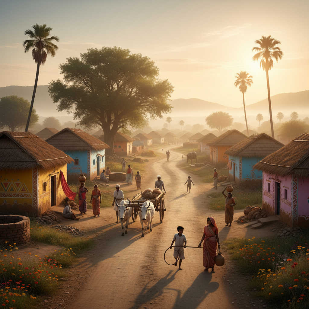 wide shot of a vibrant Indian village road at sunrise, soft golden lighting, rural landscape, concept of hope and journey, cinematic 8k
