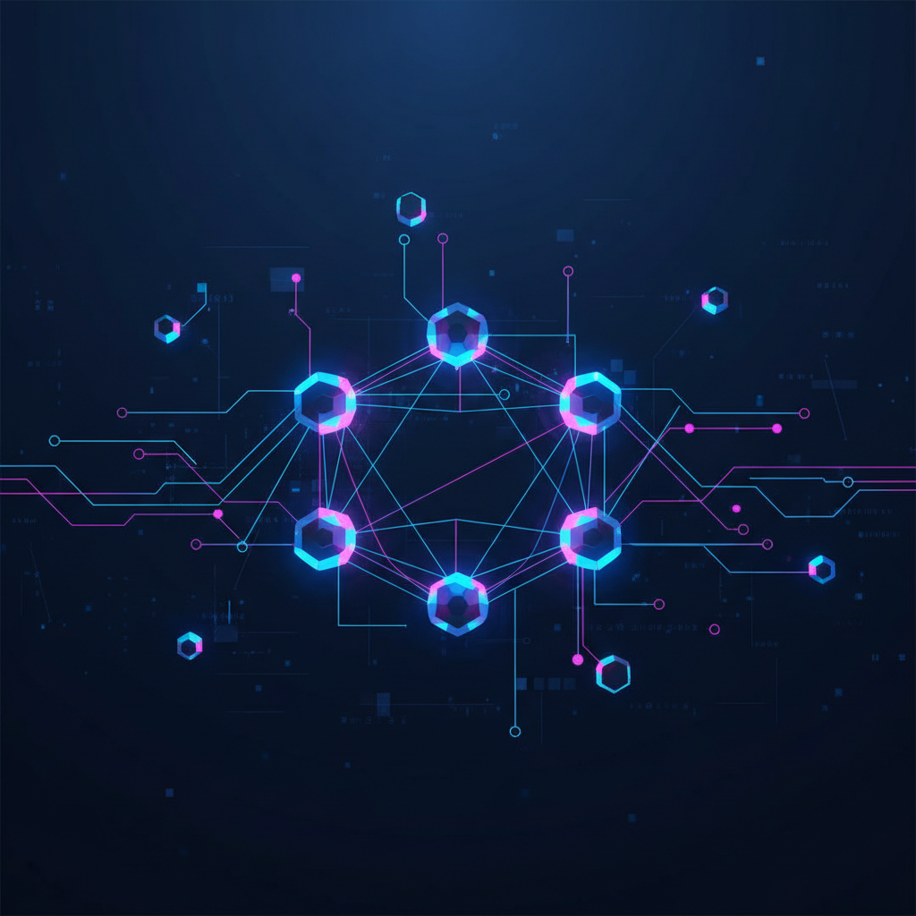 schematic diagram of a blockchain network, central group of 5 glowing large nodes labeled A B C D E, connected to smaller peripheral nodes labeled F G H I, dark blue background, cybperpunk style