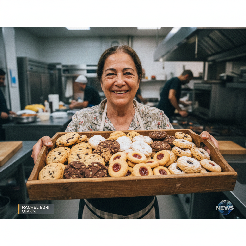 Rachel Edri from Ofakim holding a tray of cookies, smiling warmly, news footage style high quality