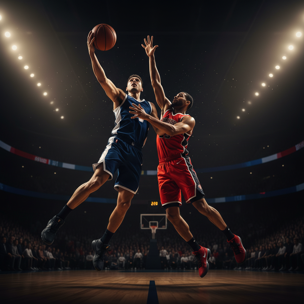 Mid-air pull-up jumper basketball shot over defender, dramatic angle, low light