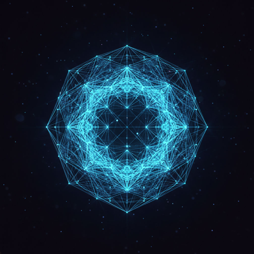 Wireframe skeletal structure of a complex geometric object, glowing blueprint lines on dark background, showing internal connection and balance