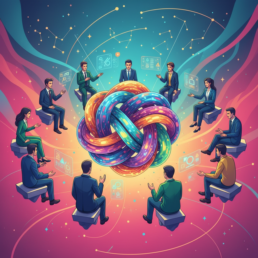 surreal artistic illustration of corporate people sitting around a giant knot, discussing it without touching it, vibrant modern colors, gradient background