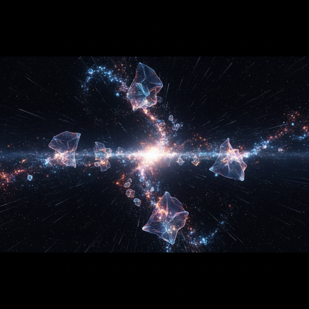 Futuristic physics visualization, glowing particles representing mass and density, dark space background, cinematic