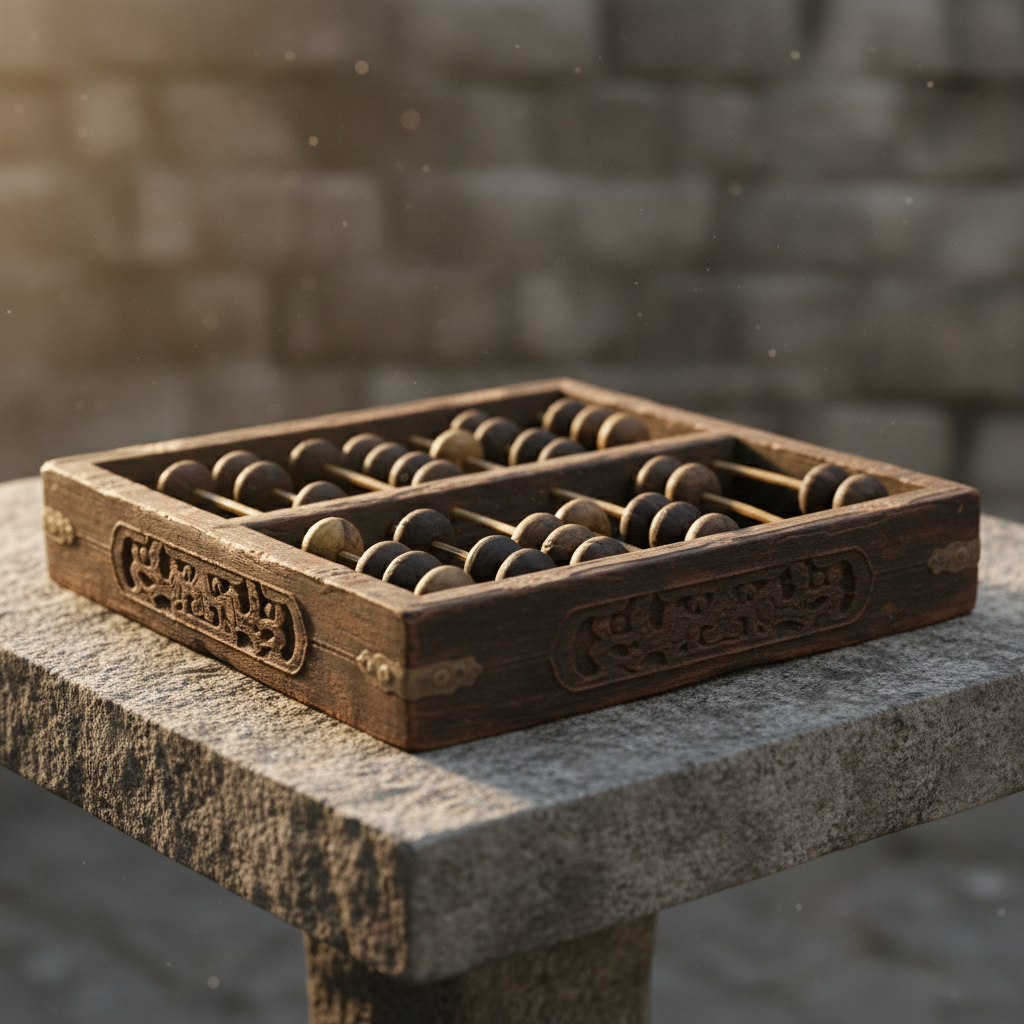 An ancient wooden abacus resting on an old stone table, warm lighting, historical artifact photography style, detailed texture of wood and beads