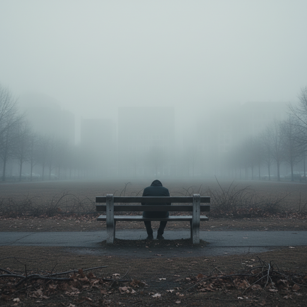 Conceptual image of a lonely figure sitting on a bench in an empty grey urban park, foggy atmosphere, symbolizing isolation and loss, cinematic