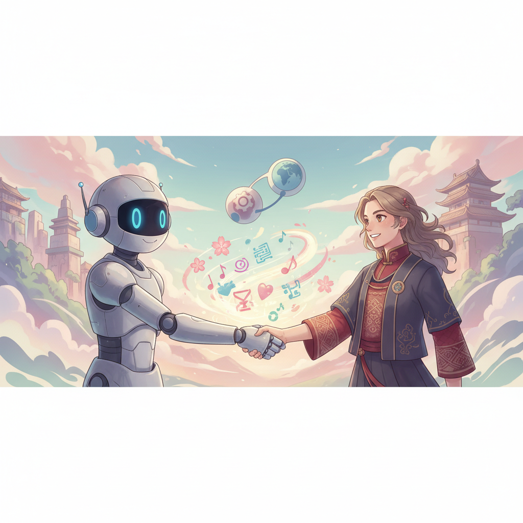 conceptual illustration of a friendly robot shaking hands with a human, distinct anime art style, symbolizing friendship and cultural exchange, soft pastel colors