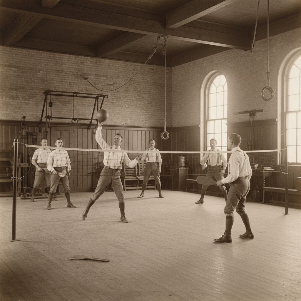 realistic vintage style photo of 1895 gym, men playing mintonette with a tennis net, old leather ball, sepia tone, historical atmosphere, detailed