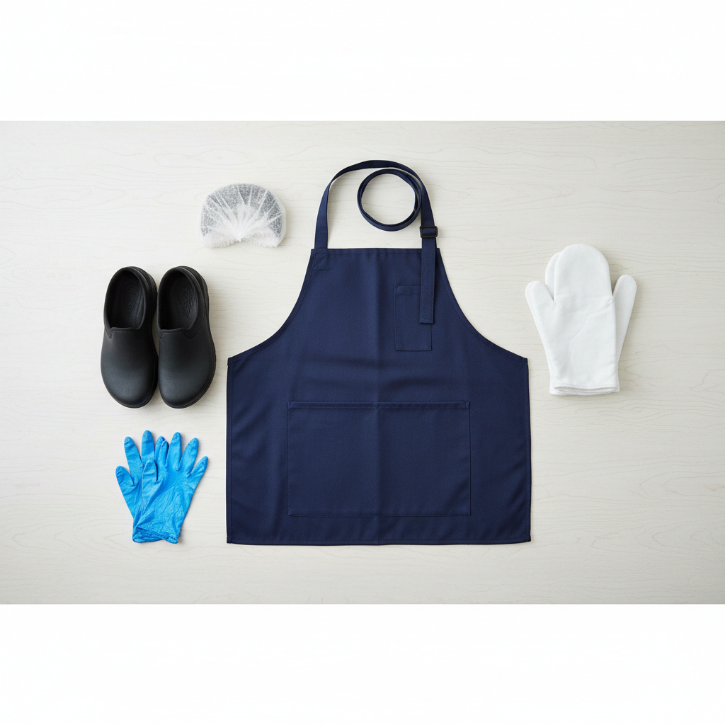 layout of personal protective equipment for kitchen: apron, non-slip shoes, hairnet, gloves, flat lay photography style