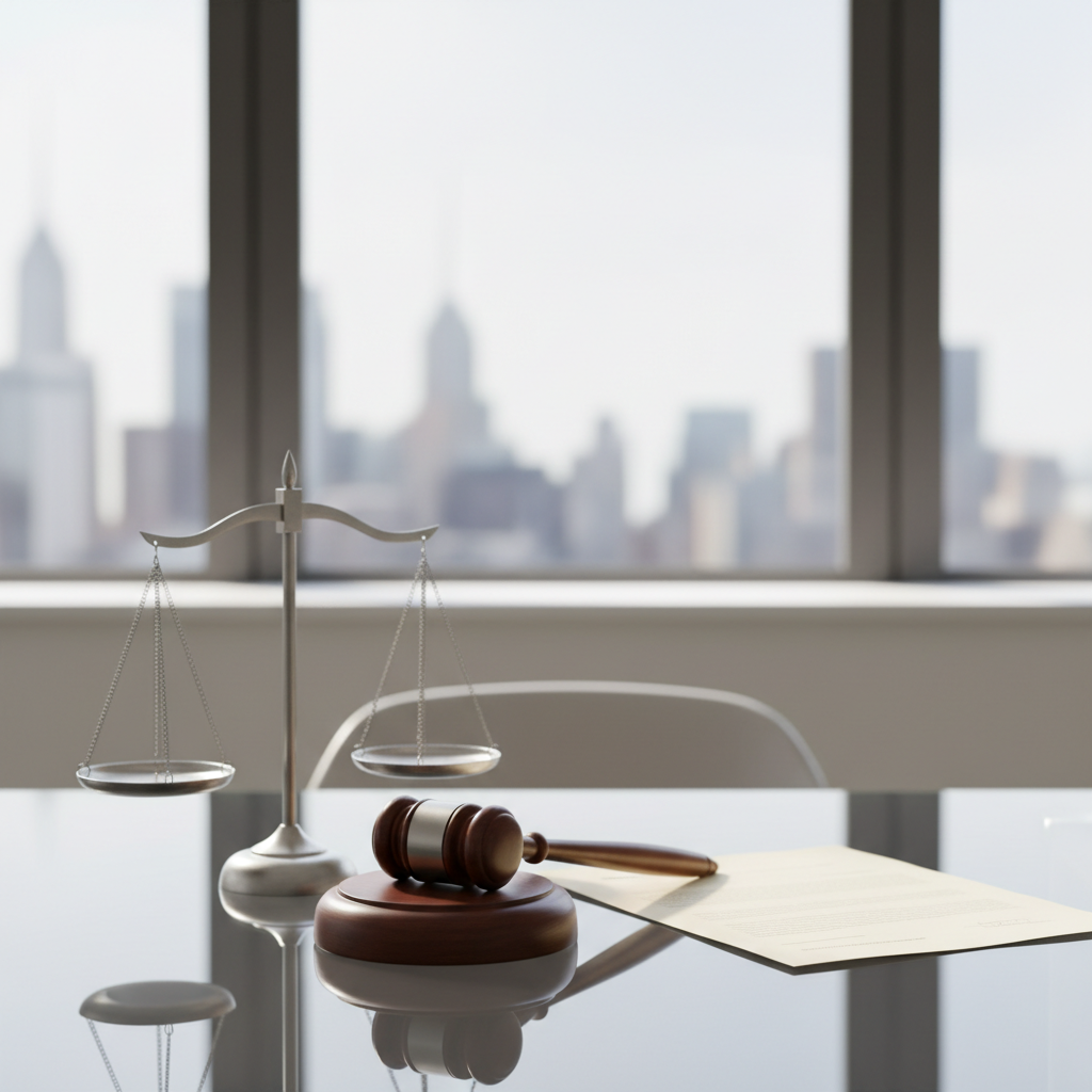 minimalist legal document gavel and scales of justice on a modern glass desk 8k resolution photorealistic