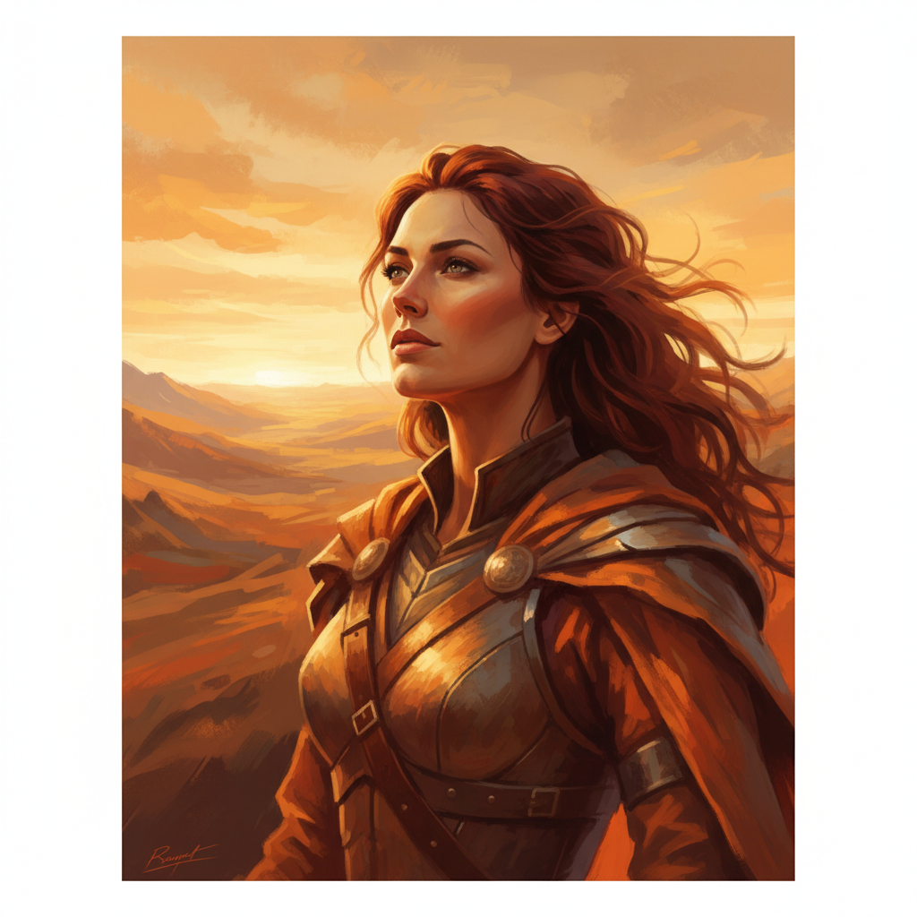 Portrait of a strong confident woman looking at the horizon, warm lighting, orange and brown tones, digital painting style