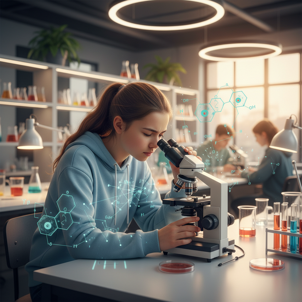 A focused student using a microscope in a modern school biology lab, surrounded by abstract floating scientific formulas and plant cell diagrams, warm educational lighting, photorealistic.