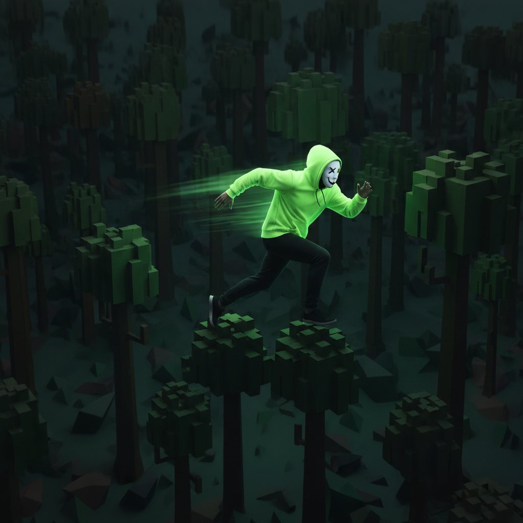 A mysterious figure wearing a neon green hoodie and a simple white mask with a black smile drawn on it, sprinting across blocky tree tops in a dense forest. Cinematic action shot.