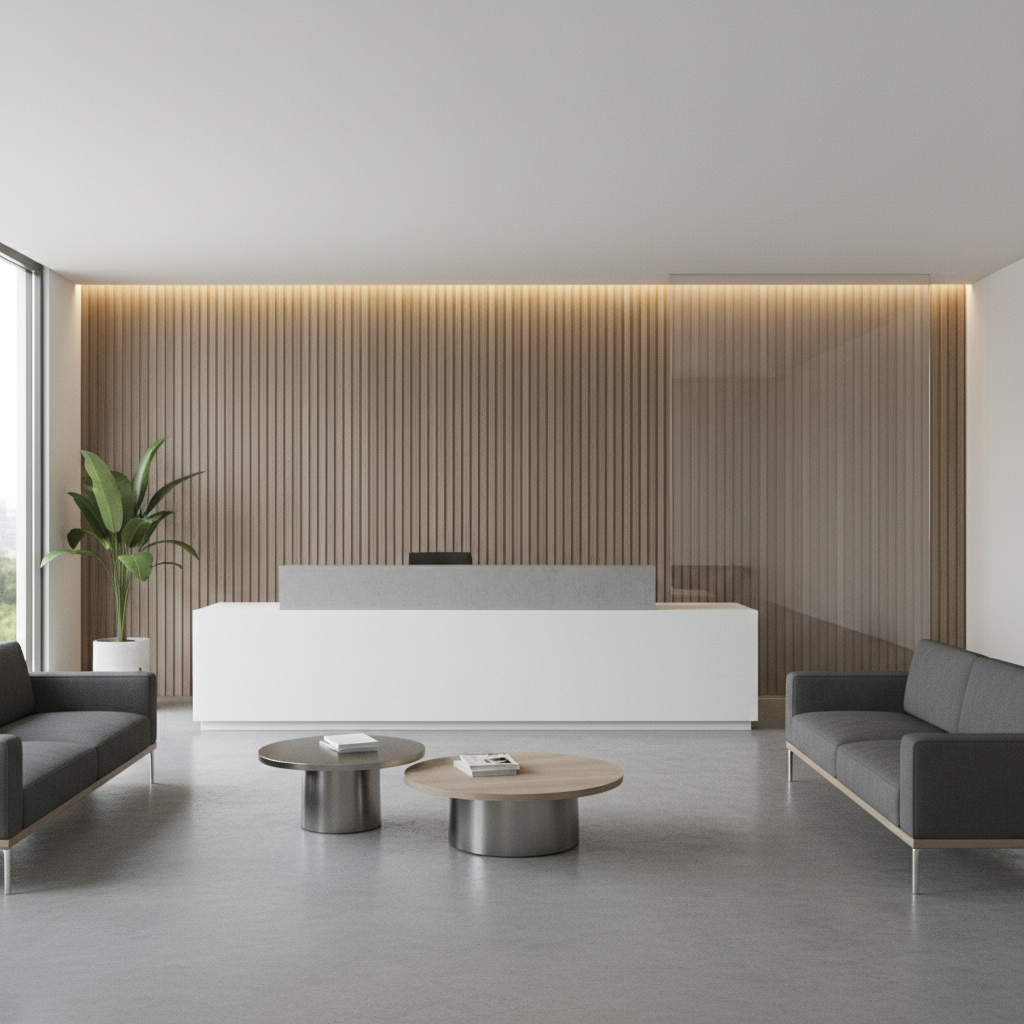 Minimalist corporate office lobby reception with contact details overlay space, high quality lighting