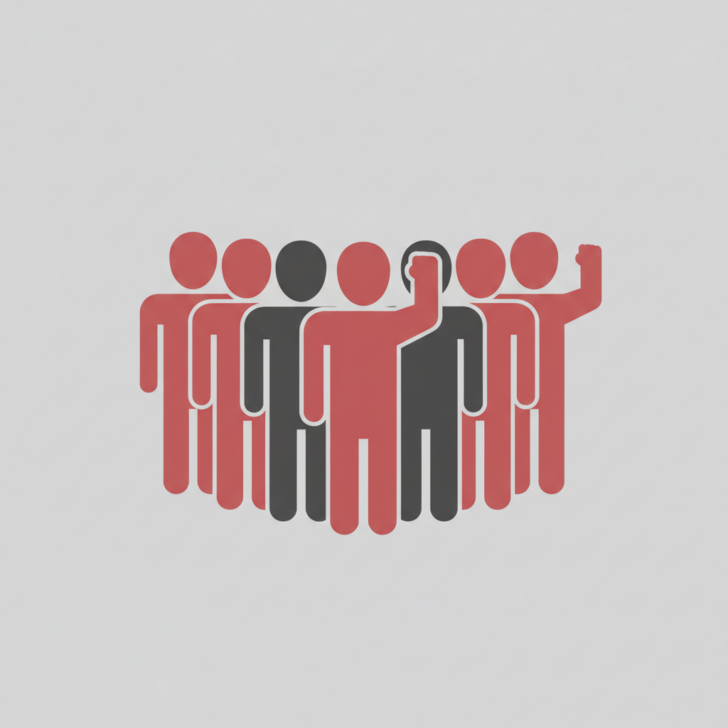 icon representing crowd of workers standing together, unity, flat design red and grey