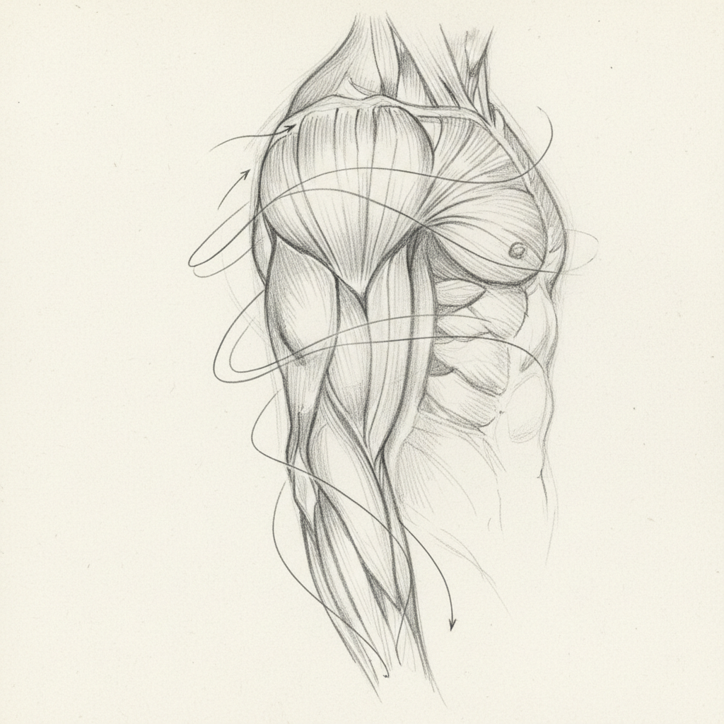 Anatomy sketch of human arm and shoulder muscles with flow lines drawn over them, showing curvature and direction, pencil sketch style