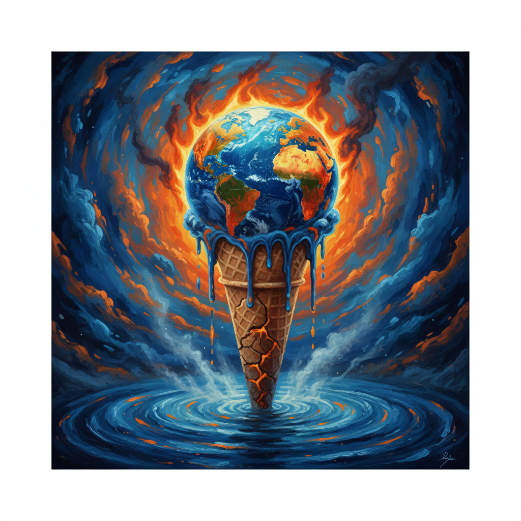 earth burning and melting ice cream cone metaphor, global warming concept, surreal art, vibrant orange and blue contrast
