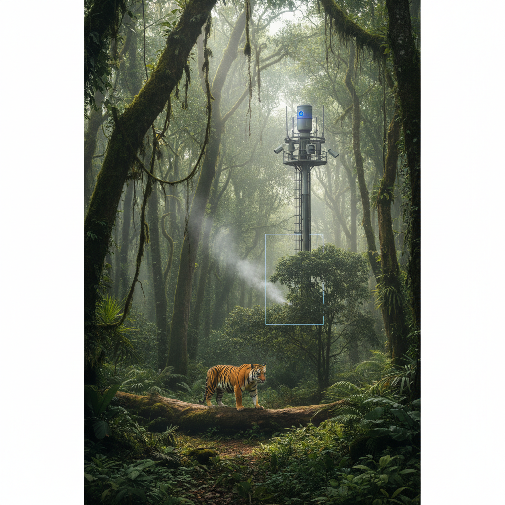 Dense forest landscape with a Tiger, a high-tech camera mounted on a tower in the distance, digital bounding box identifying a small plume of smoke, daytime