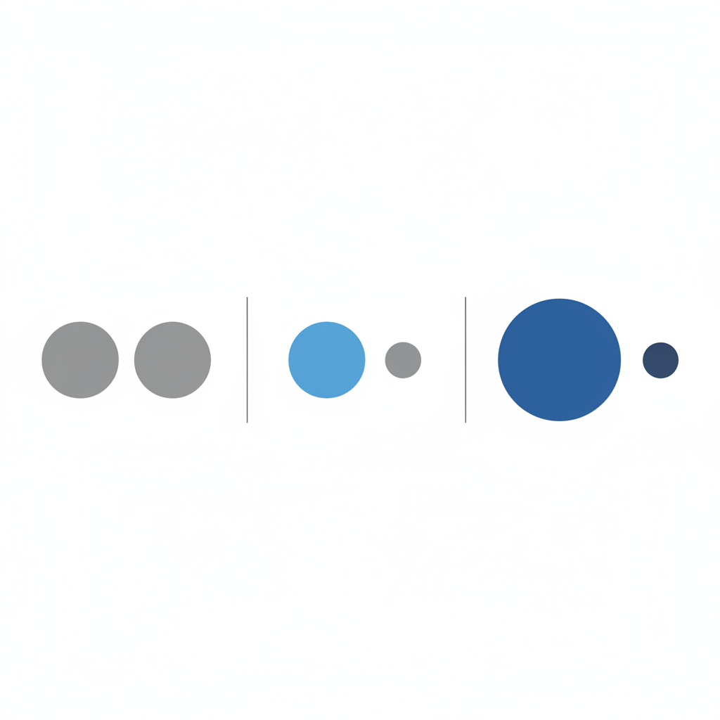 Minimalist diagram of 'symmetry breaking' in biology. Two identical circles side-by-side. Step 1: Both equal size, gray. Step 2: One circle grows slightly larger and turns blue, while the other shrinks slightly. Step 3: The blue circle is large and dominant (Leader), the other is small and gray (Inhibited). Simple vector style, white background, clean lines.