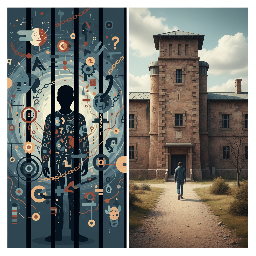 Split screen illustration: Left side shows a prisoner behind bars (concepts), Right side shows a visitor walking towards a prison building (location).
