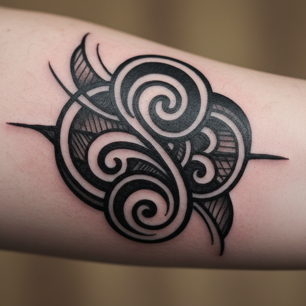 Artistic close up of a completed bold blackwork tattoo on skin, showing texture and contrast, elegant and professional