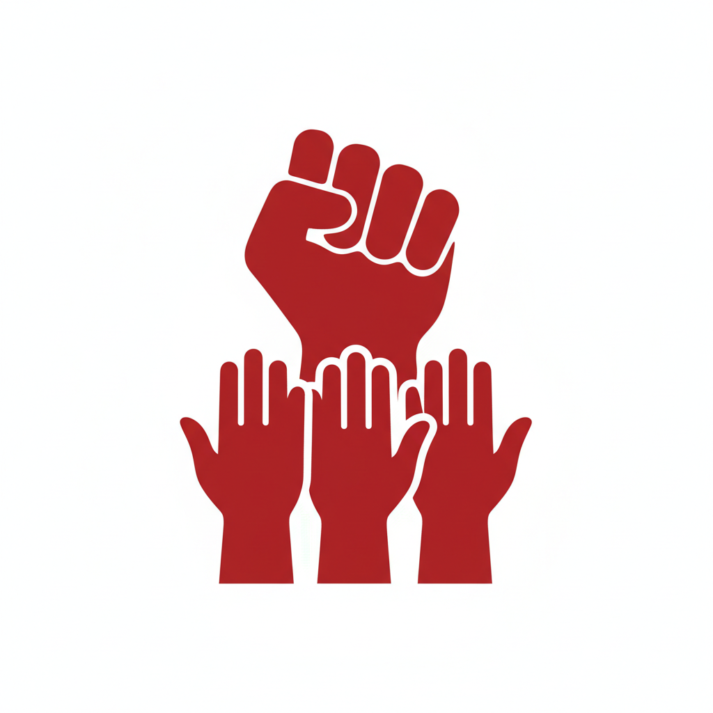 symbolic icon of a fist or group of hands raised together in red color, flat vector style
