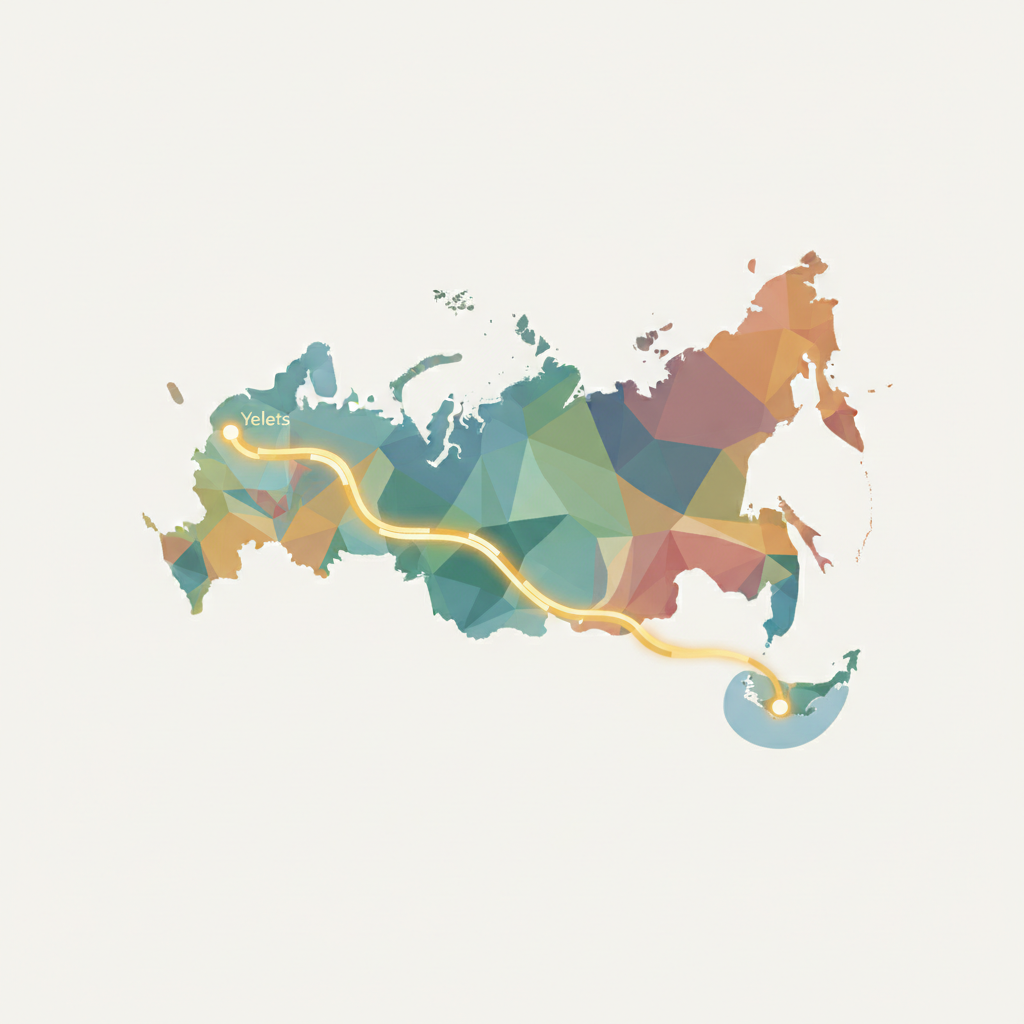 Abstract map of Russia highlighting the connection between Yelets and Crimea, calm colors, clean infographic style
