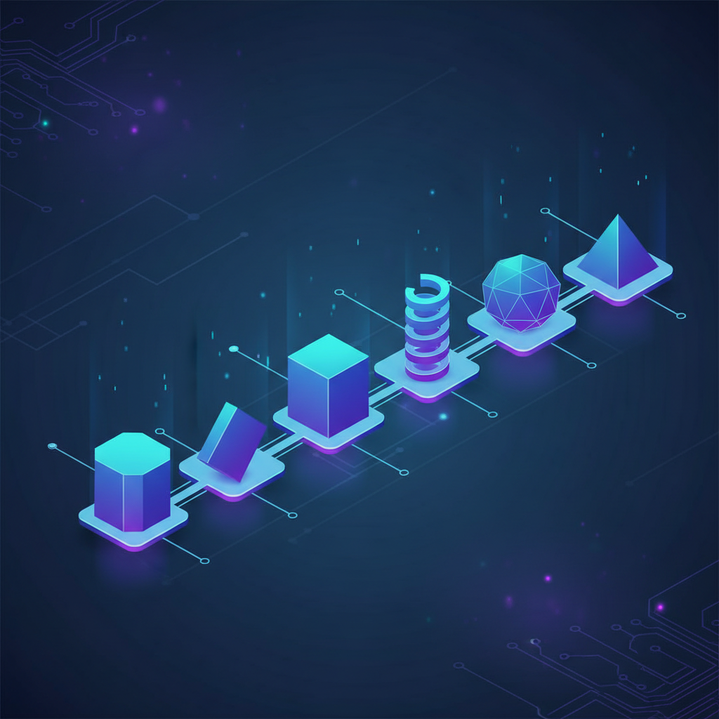 A modern flowchart or roadmap infographic showing six steps connected linearly, isometric style, blue and tech tones