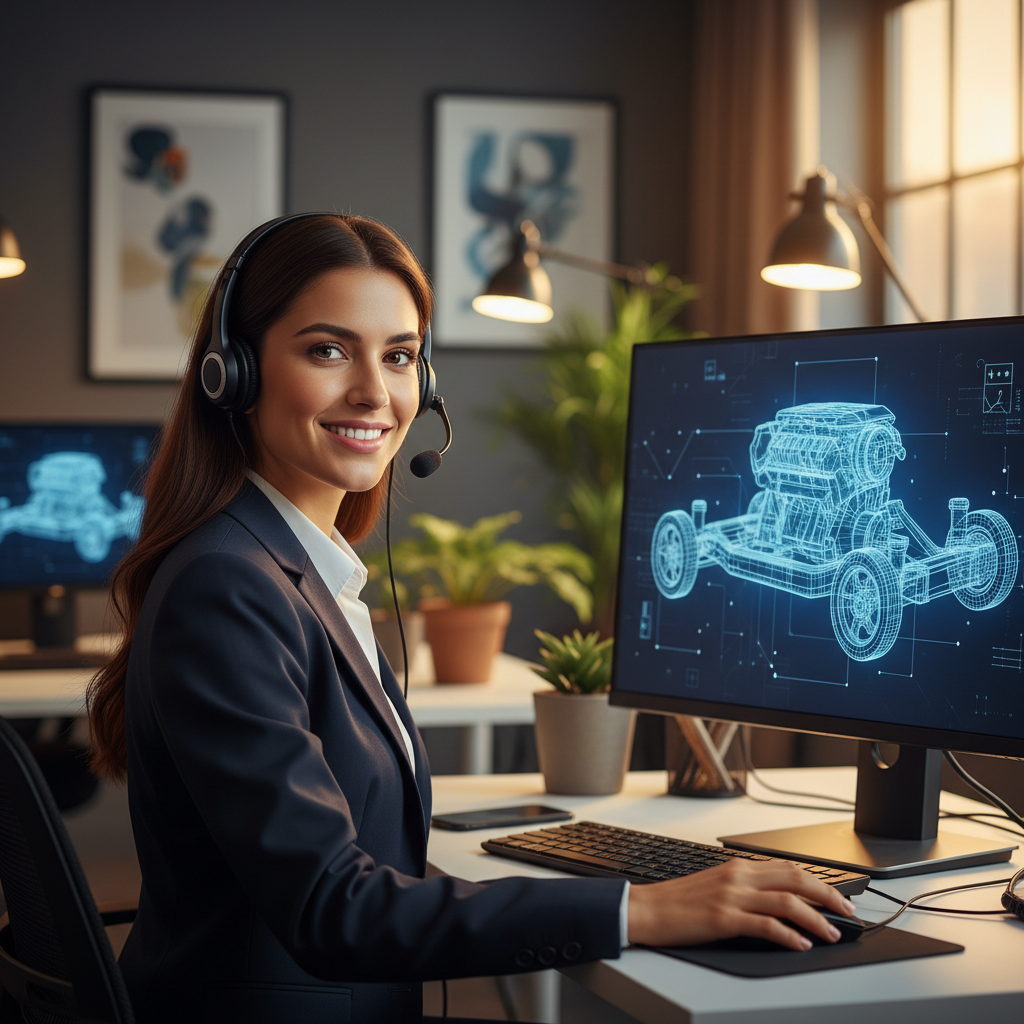 Customer service representative wearing a headset smiling in front of a computer screen showing car schematics, warm lighting, office background