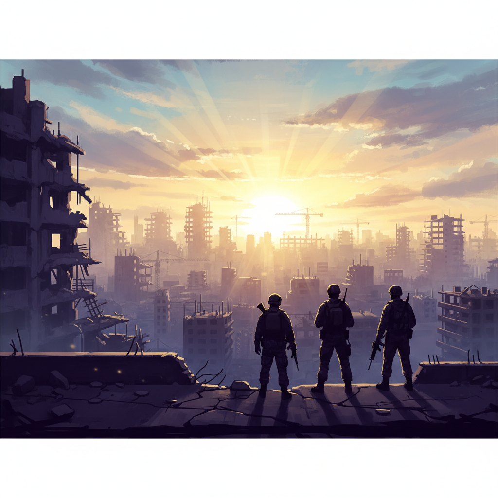 Silhouette of soldiers looking at a sunrise over a ruined city, symbolizing hope and rebuilding, digital art