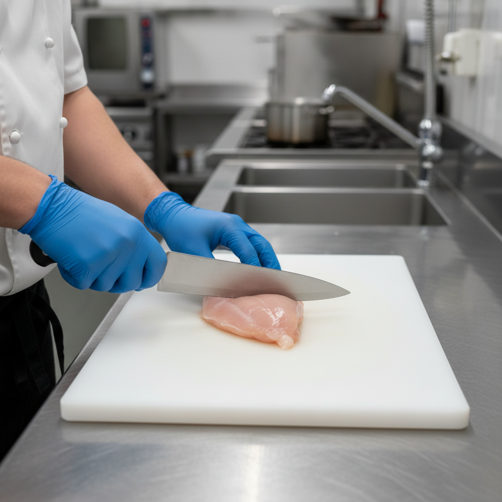 chef handling raw chicken fillet on a professional cutting board in a commercial kitchen, gloves, knife, food safety focus