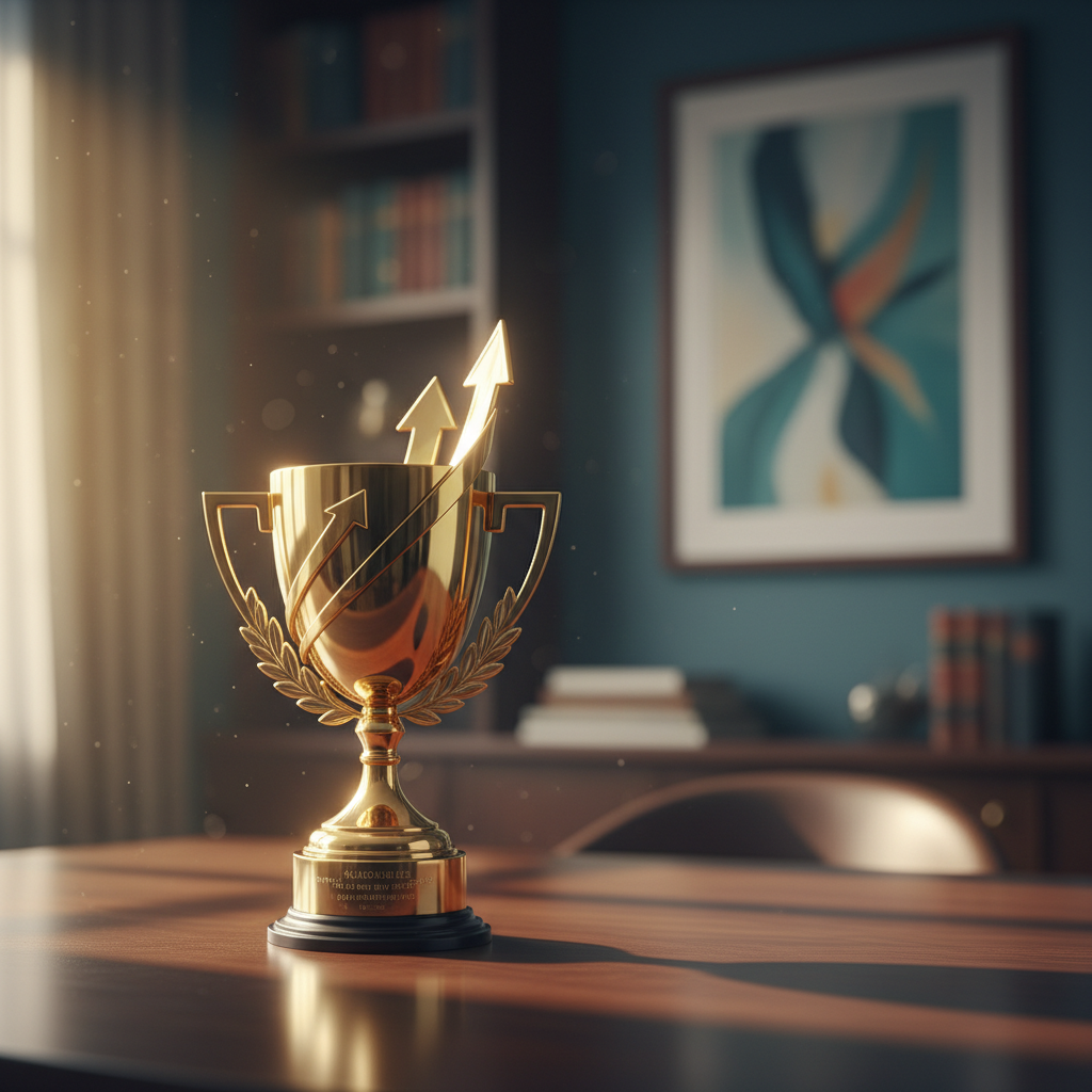 Gold trophy cup on a desk, cinematic lighting, symbol of achievement